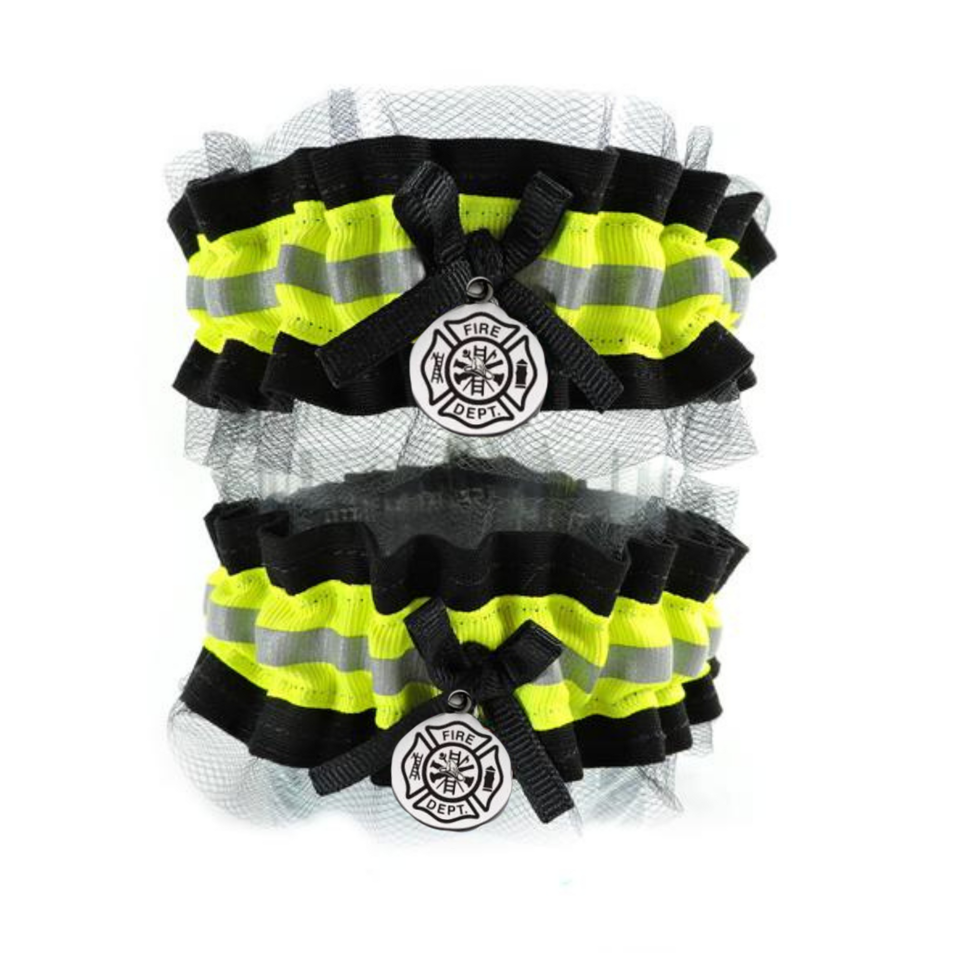 Firefighter Wedding Garter with Tulle set  black  fabric neon yellow reflective tape