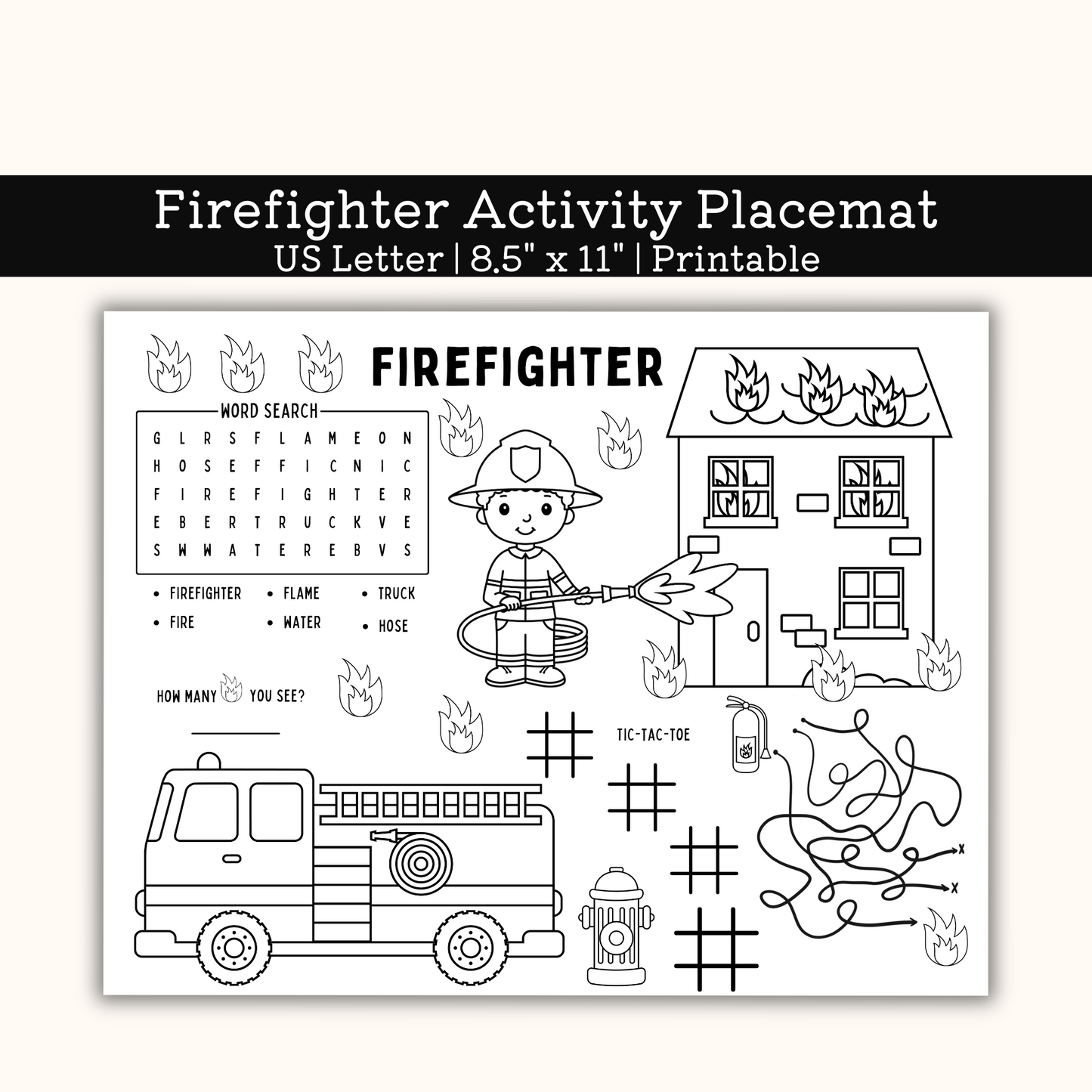 PRINTABLE Firefighter Activity Mat, Coloring Page Activity sheet