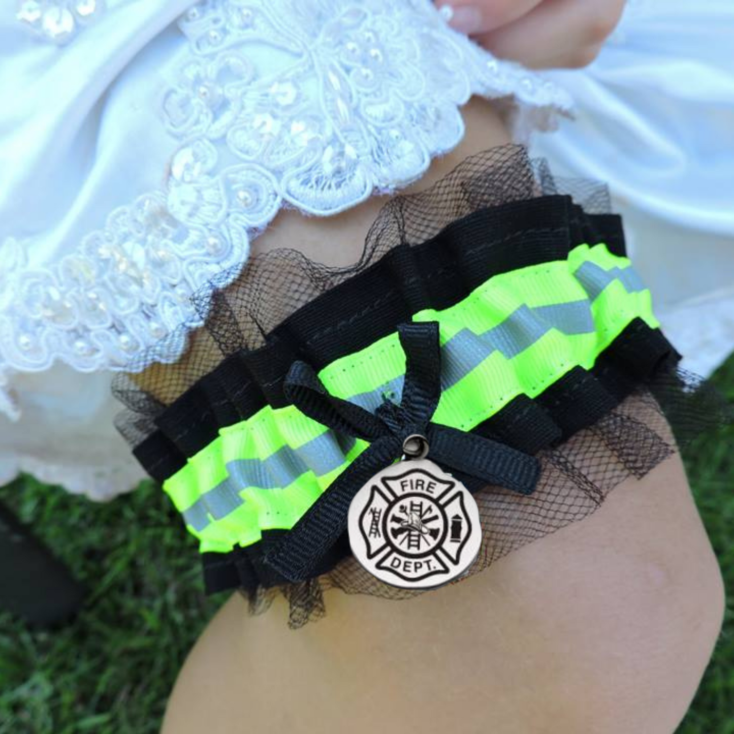 Firefighter wedding garter set, one with black tulle, toss garter without tulle black fabric and neon yellow reflective tape