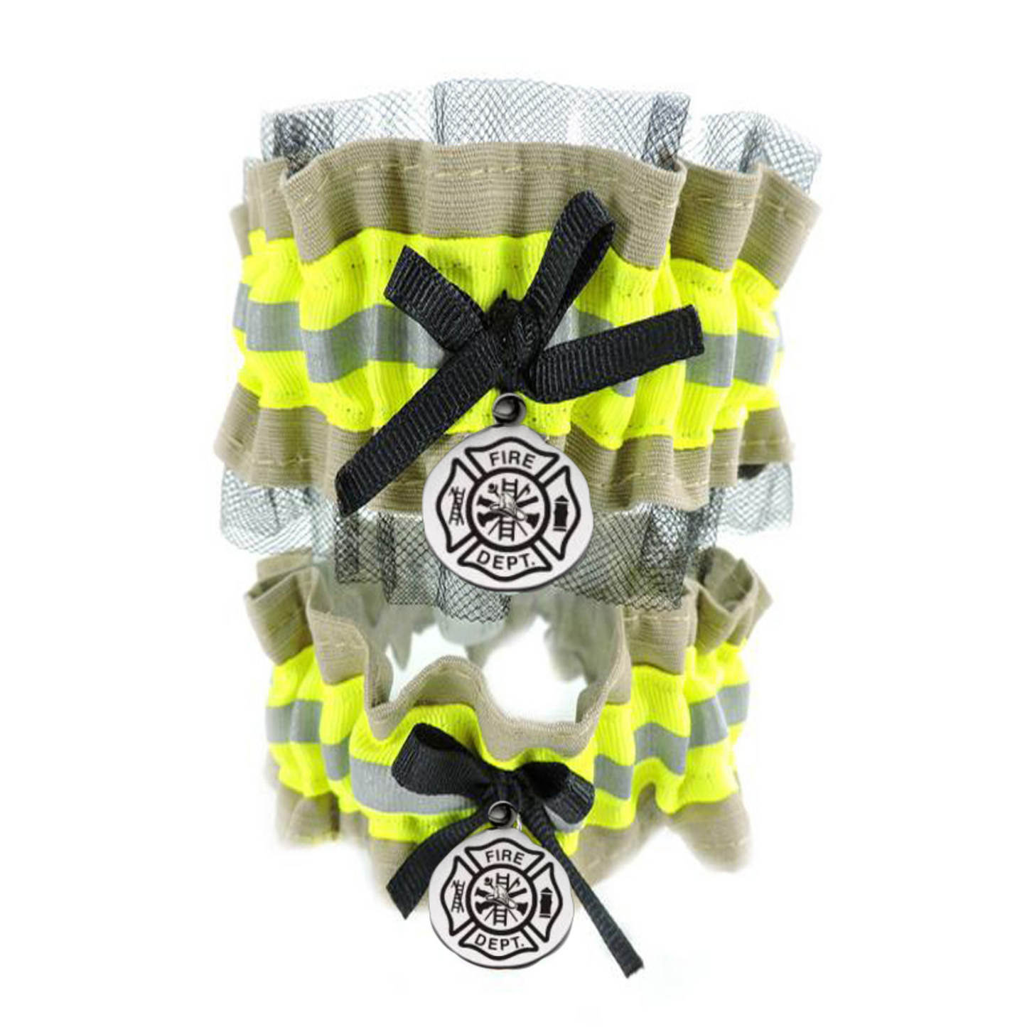 Firefighter wedding garter set, one with black tulle, toss garter without tulle tan fabric and neon yellow reflective tape