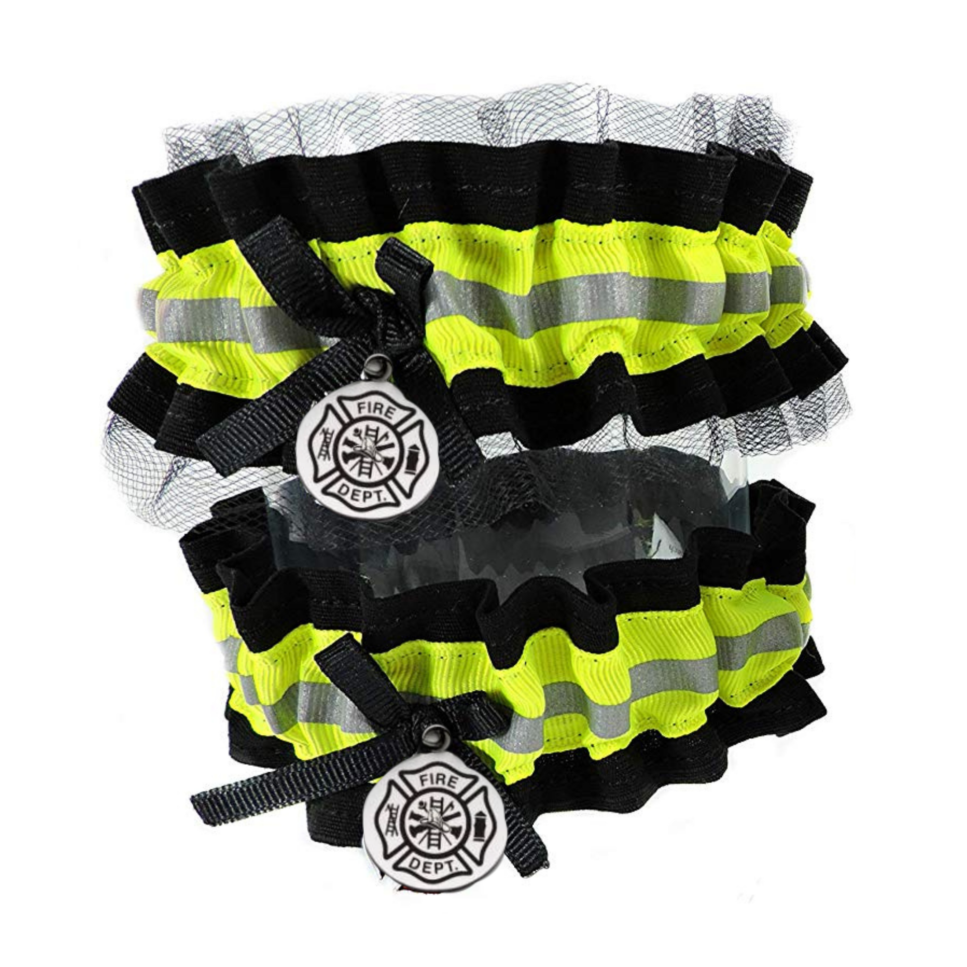 Firefighter wedding garter set, one with black tulle, toss garter without tulle Black fabric and neon yellow reflective tape
