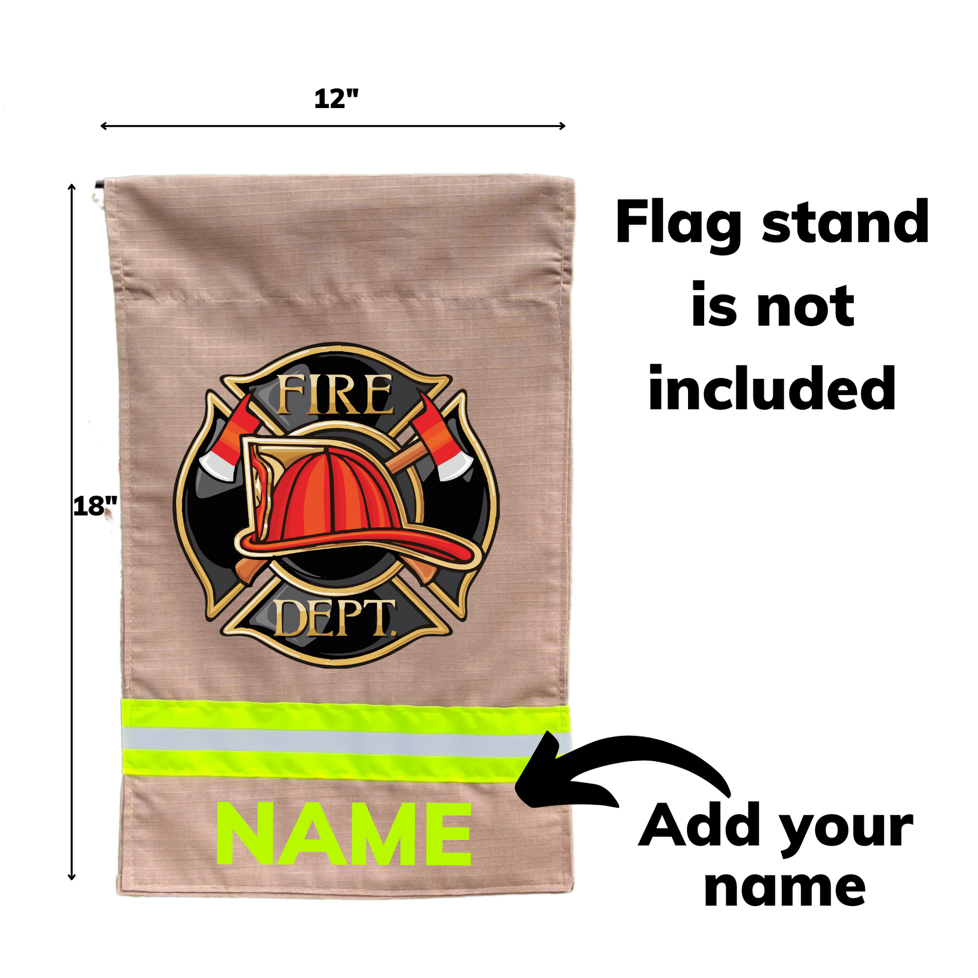 Flag size is 12 inches by 18 inches you can add your name to the bottom of the flag.  Flag stand not included.