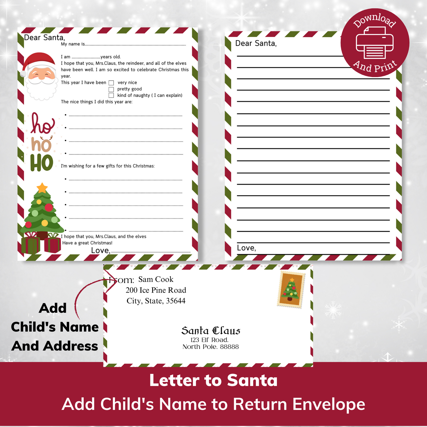 Letters for child to write a letter to santa. And an envelope to send letter back to santa