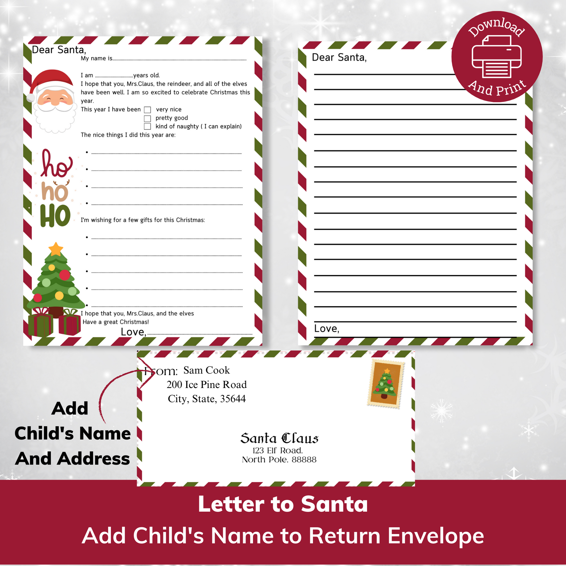 Letters for child to write a letter to santa. And an envelope to send letter back to santa