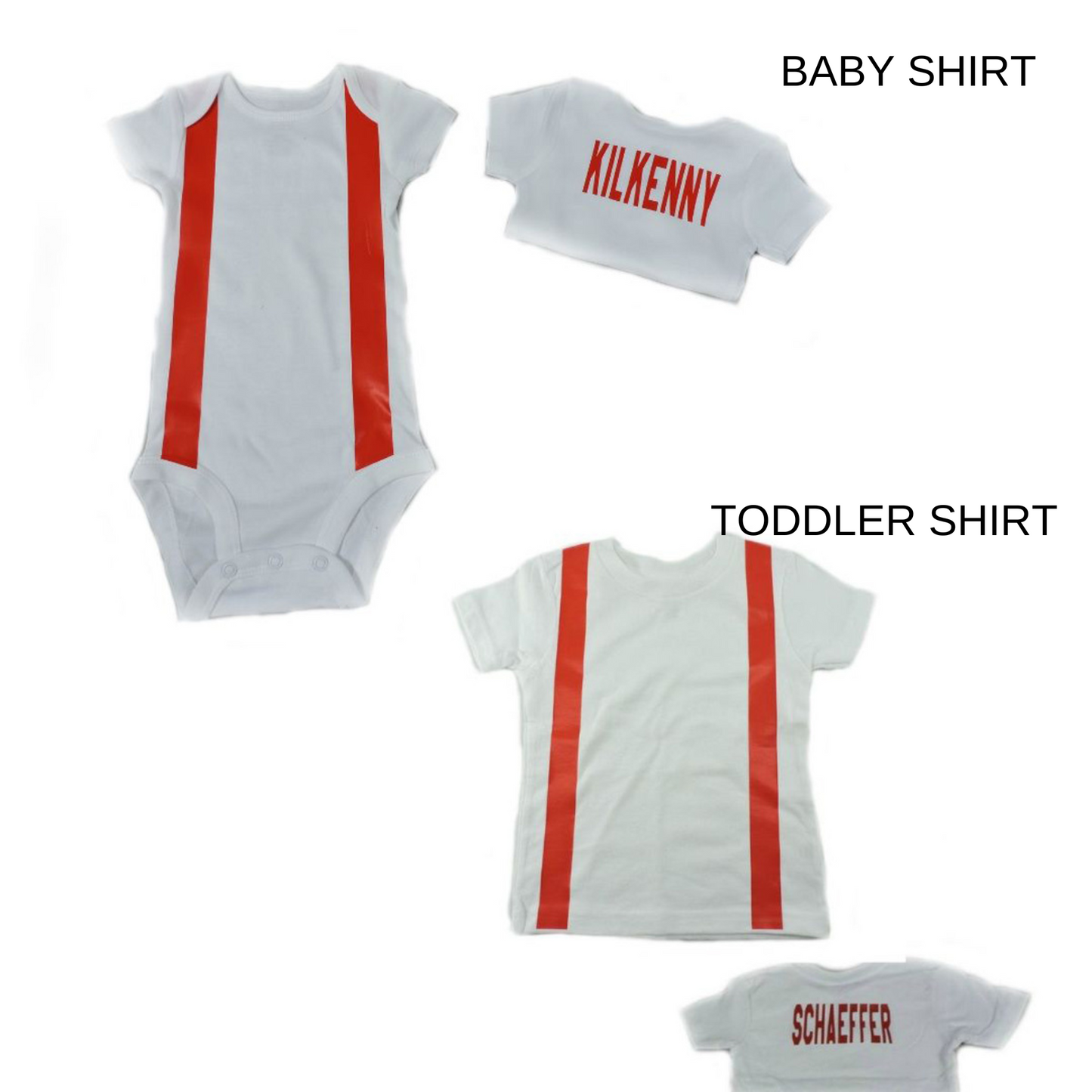 White with red suspenders Firefighter style baby And Toddler shirts