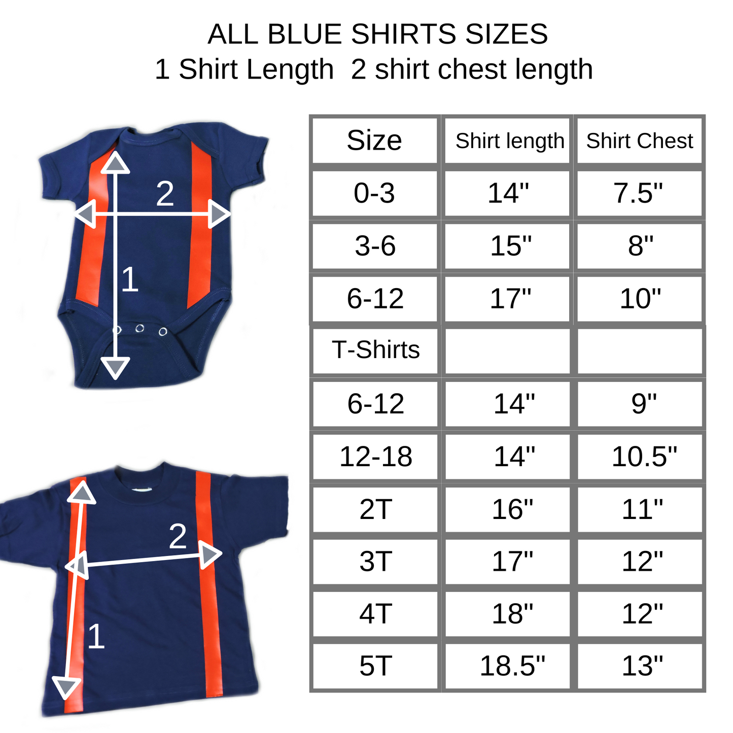 Blue Firefighter style baby And Toddler shirts size chart