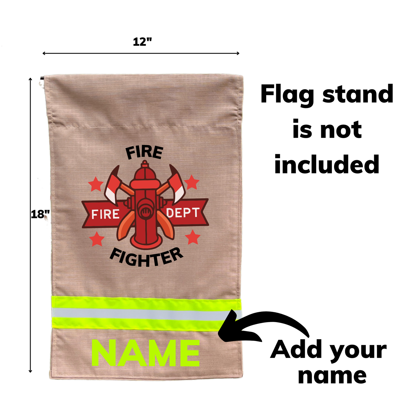 flag size 12 inches by 18 inches  add a name to the bottom of the flag. Flag stand not included