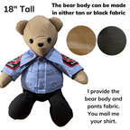 Bear body can be made in tan or black fabric. Bear is 18" tall. 