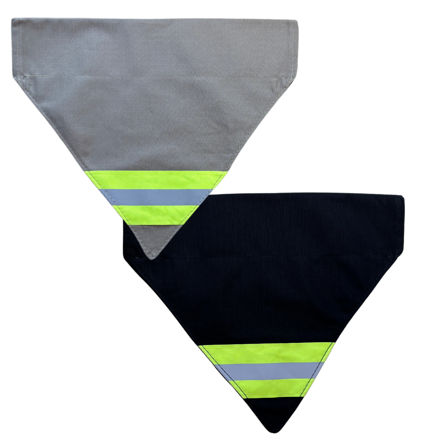 Firefighter Dog bandana in tan fabric with neon yellow reflective tape and a black fabric neon yellow reflective tape
