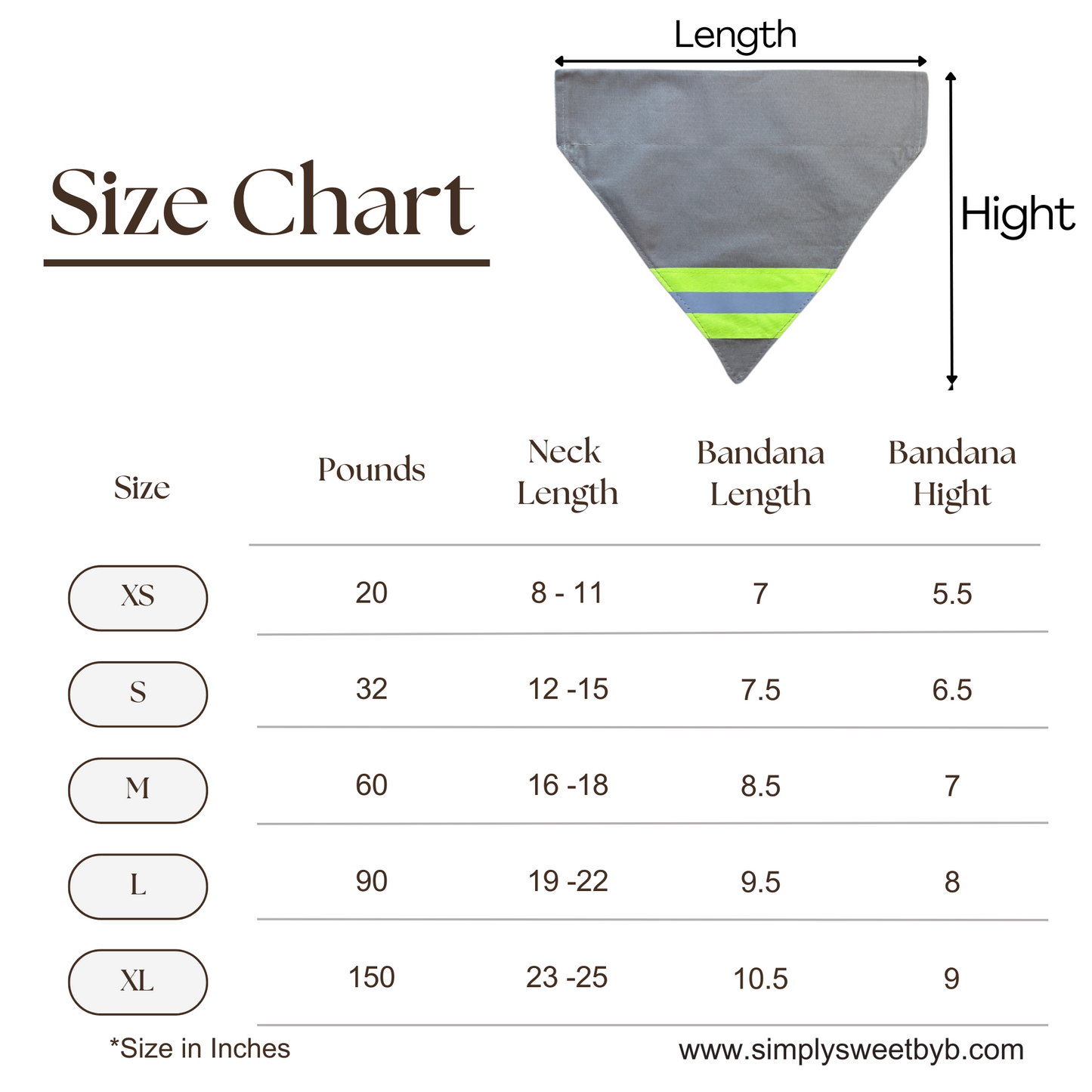 size chart for a firefighter dog bandana 