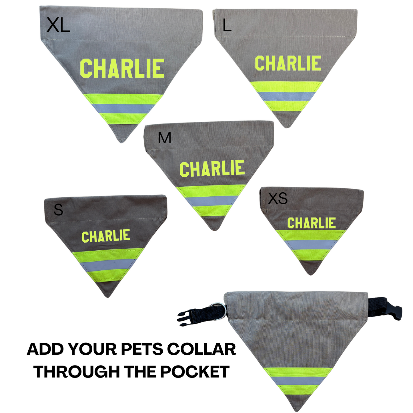 different sizes shown of the firefighter dog bandana 