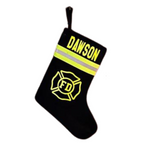 Firefighter Stocking with name and malteses cross in balck fabric  with neon yellow reflective tape
