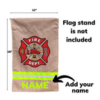 Firefighter maltese cross garden flag. flag is in tan fabric and neon yellow reflective tape  size is 12 inches by 18 inches flag stand not included.  add your name to the bottom of the flag