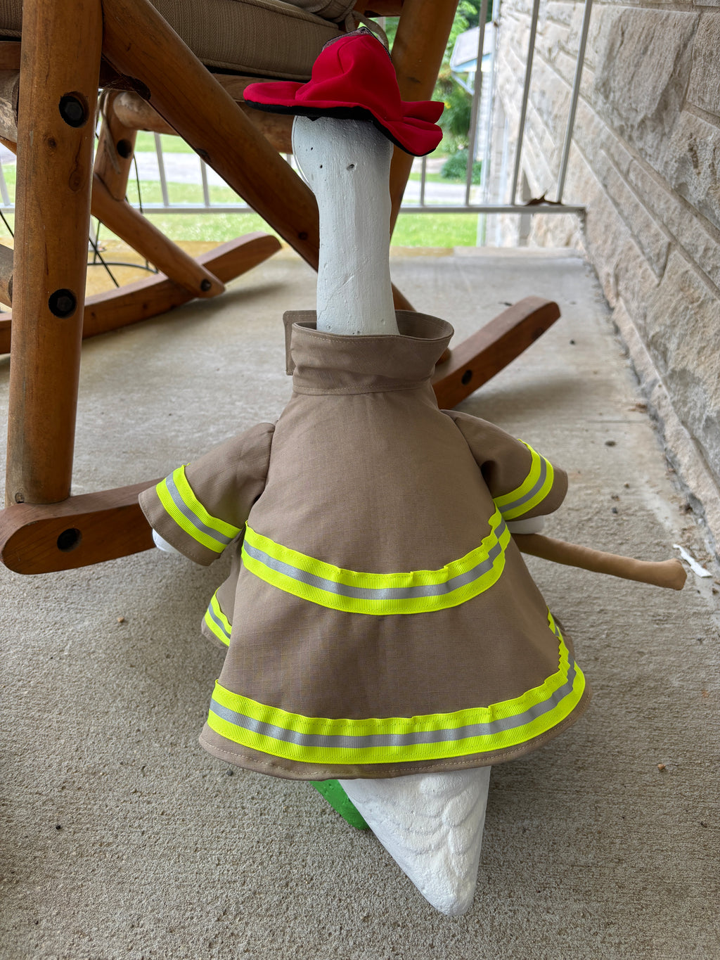 back view of the firefighter porch goose outfit