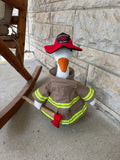 This firefighter porch goose outfit is a fun way to bring a little firehouse pride home. With turnout gear inspired details, reflective striping, and a matching hat, your porch goose becomes part of the crew in the best way.