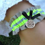 Firefighter Wedding Garter set  Tan fabric neon yellow reflective tape