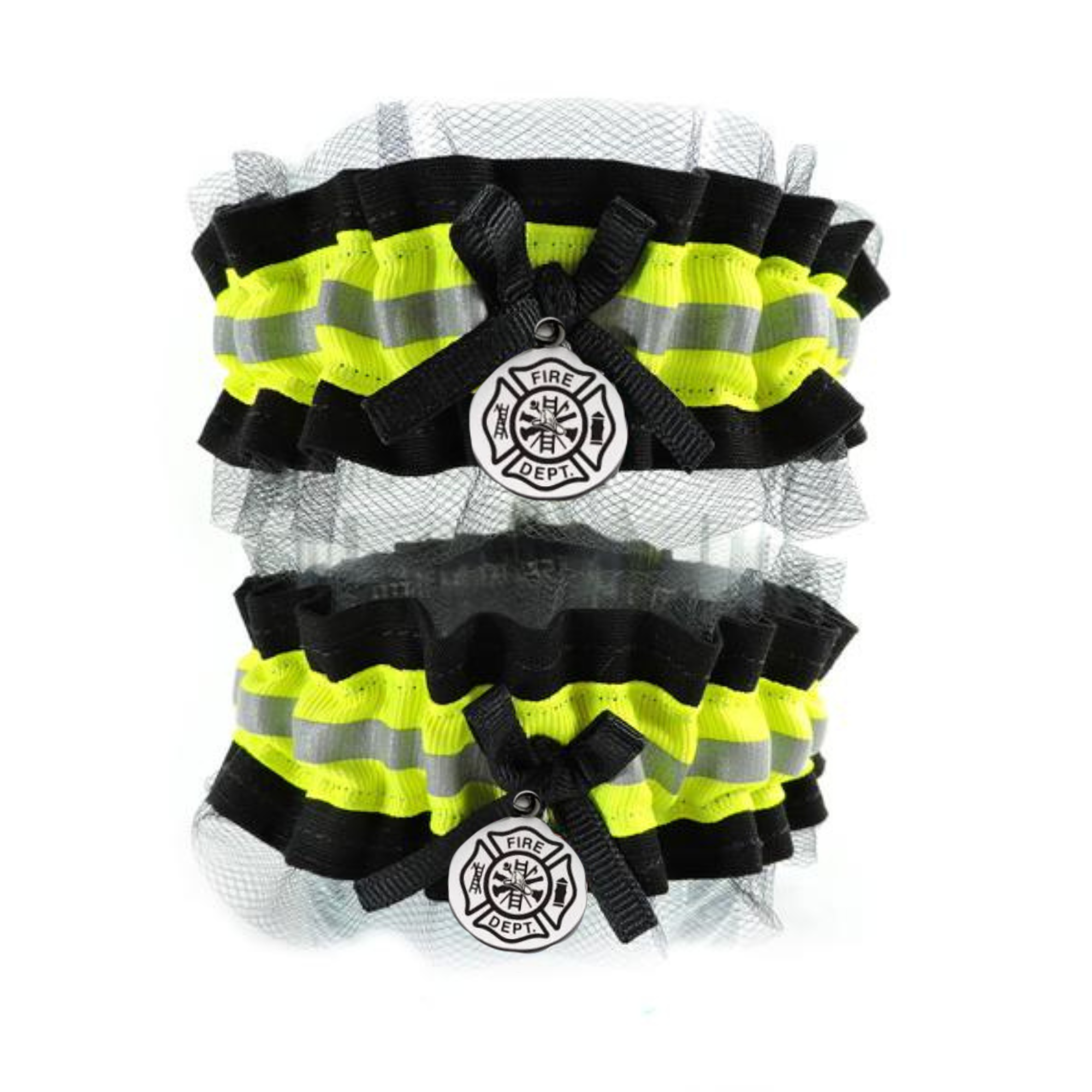 Firefighter Wedding Garter with black Tulle set  black  fabric, neon yellow reflective tape