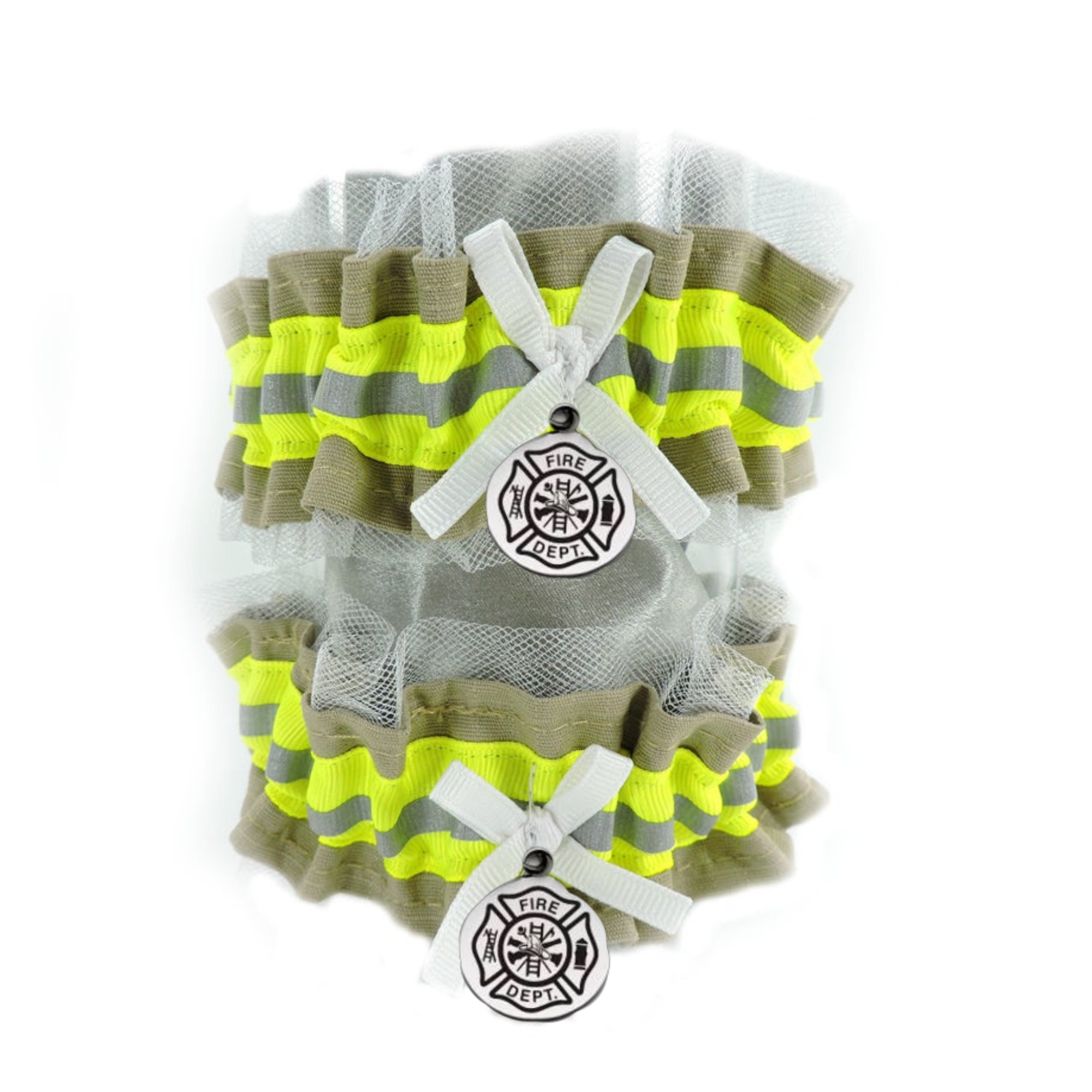 Firefighter wedding garter set. white tulle on one garter no tulle on second garter