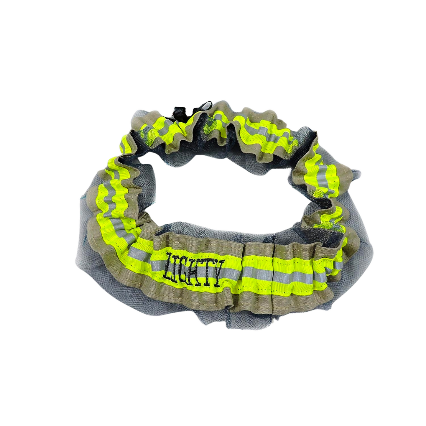 Firefighter wedding garter set, one with black tulle, toss garter without tulle tan fabric and neon yellow reflective tape with name added to the back of the garter