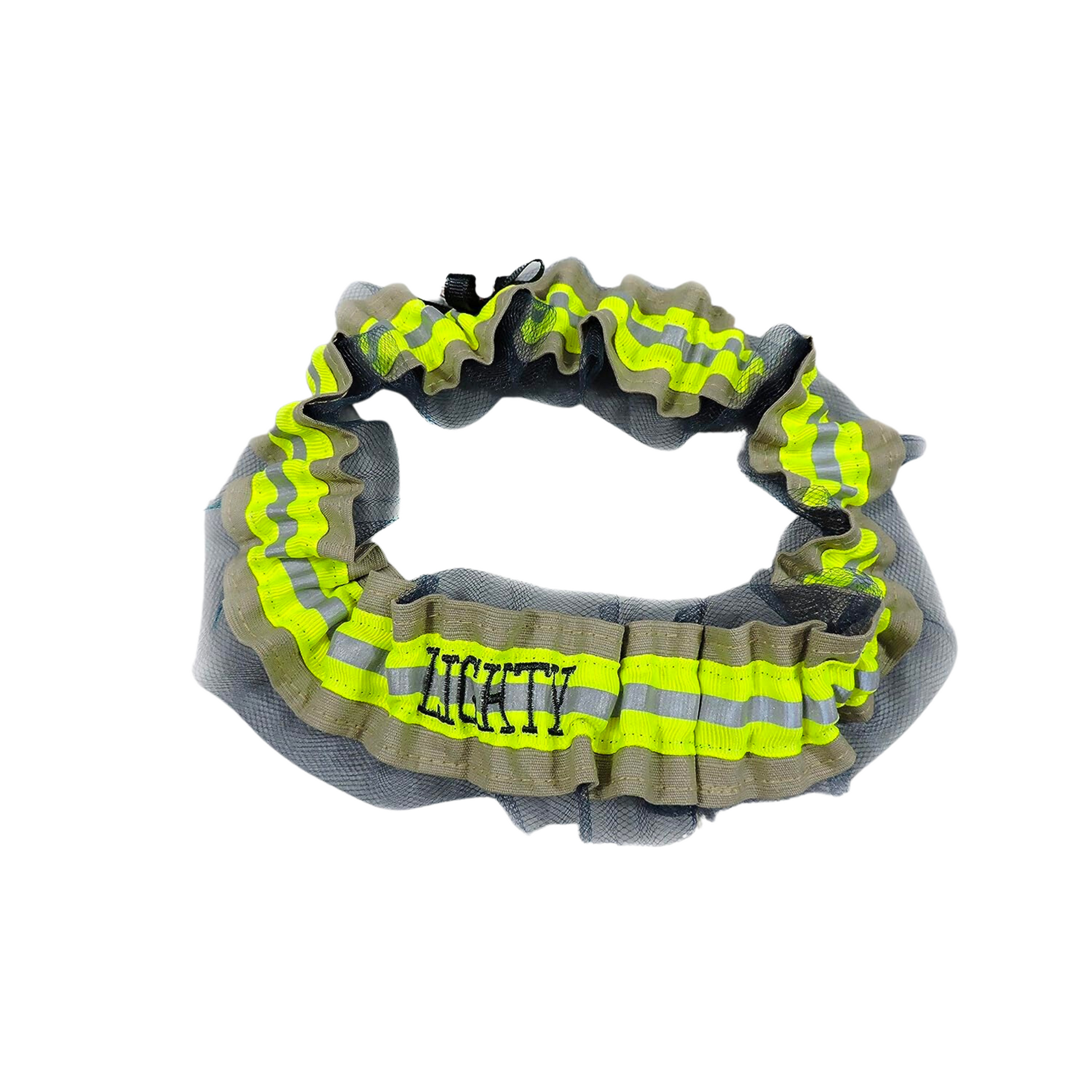 Firefighter wedding garter set, one with black tulle, toss garter without tulle tan fabric and neon yellow reflective tape with name added to the back of the garter