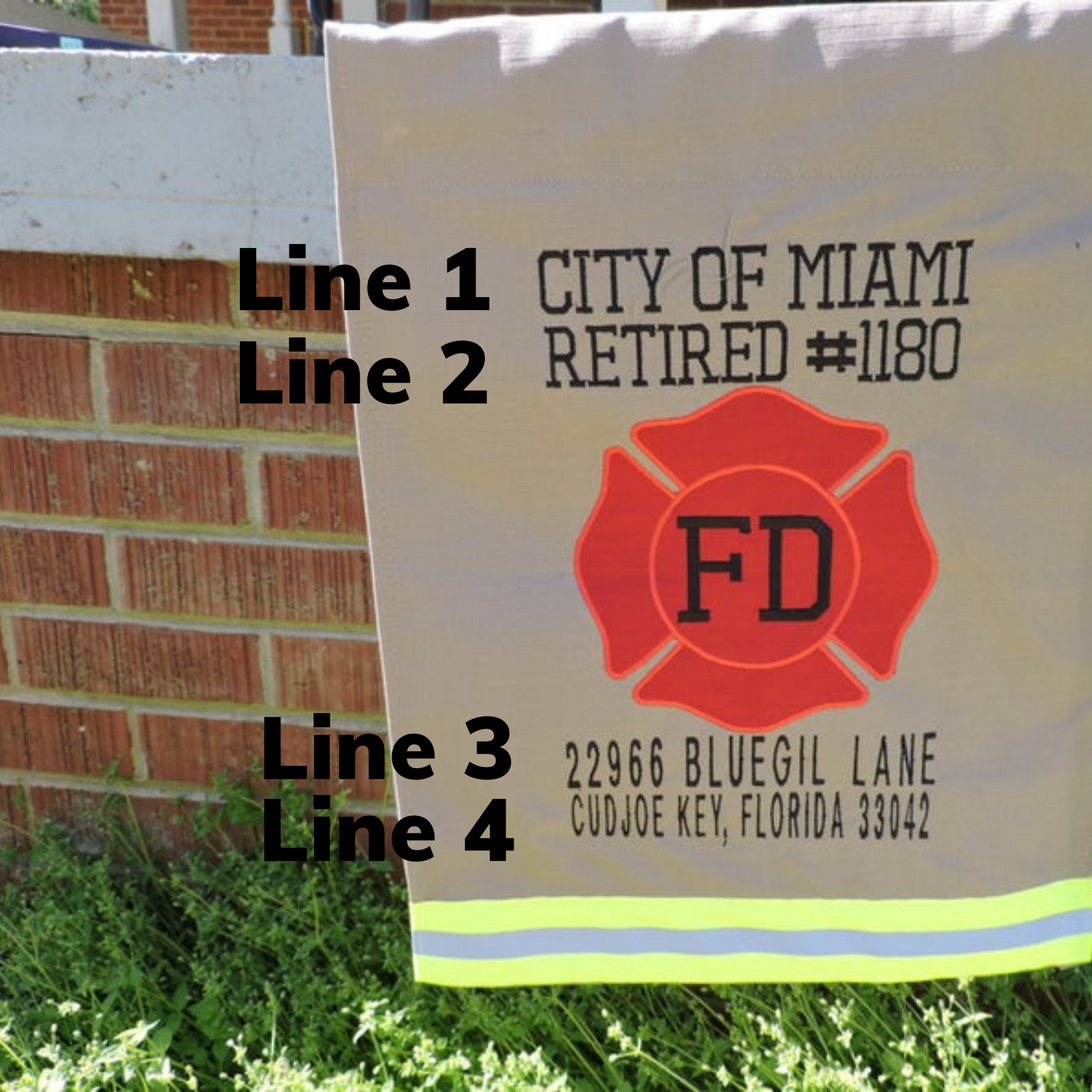 shows which line is which to enter in the personalization boxes  for the Firefighter Address Garden flag