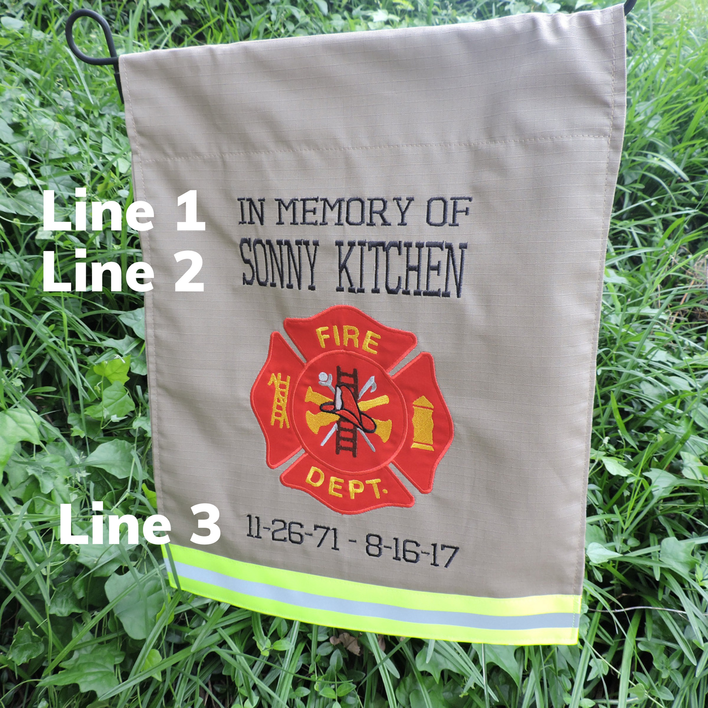 enter in the personalization box what you would like on each line for the firefighter memorial garden flag