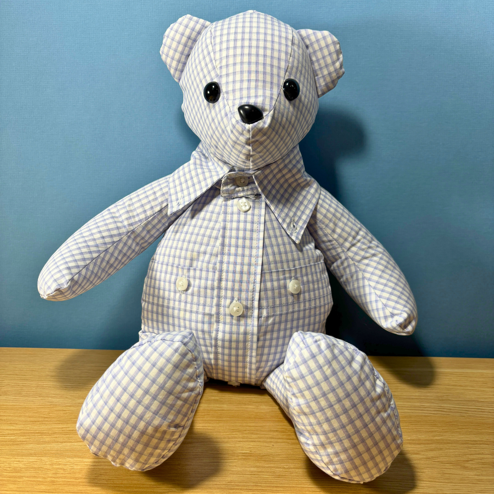 Memory Bear Made out of your loved ones clothing  this bear is made from a long sleeve mens button  up shirt that is white with a light blue striped pattern   Each bear is unique because of the materials that you will send to me. 