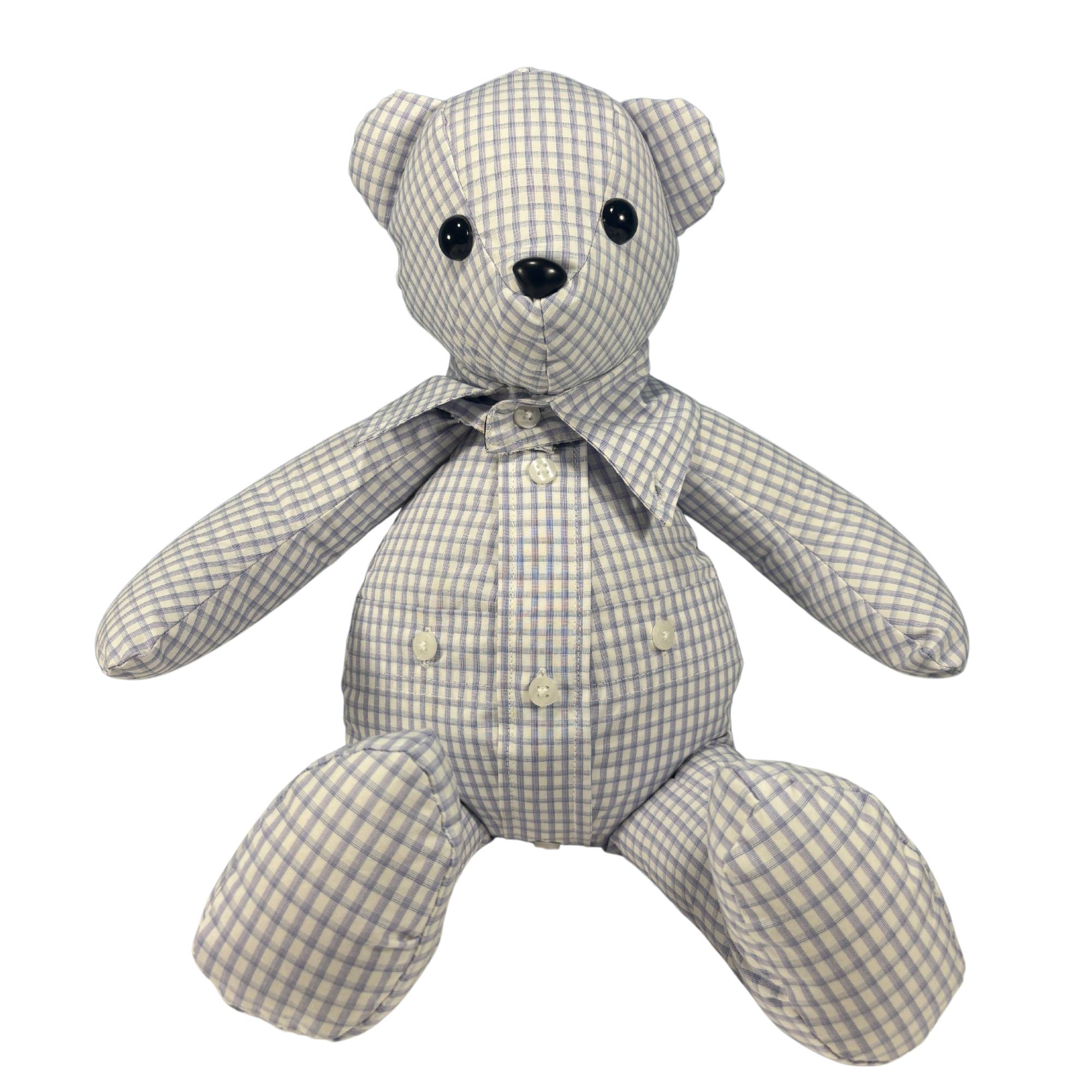 18" Memory bear made from loved ones clothing.  This bear was made from one long sleeved shirt.  You can choose to add a name or date to the paws