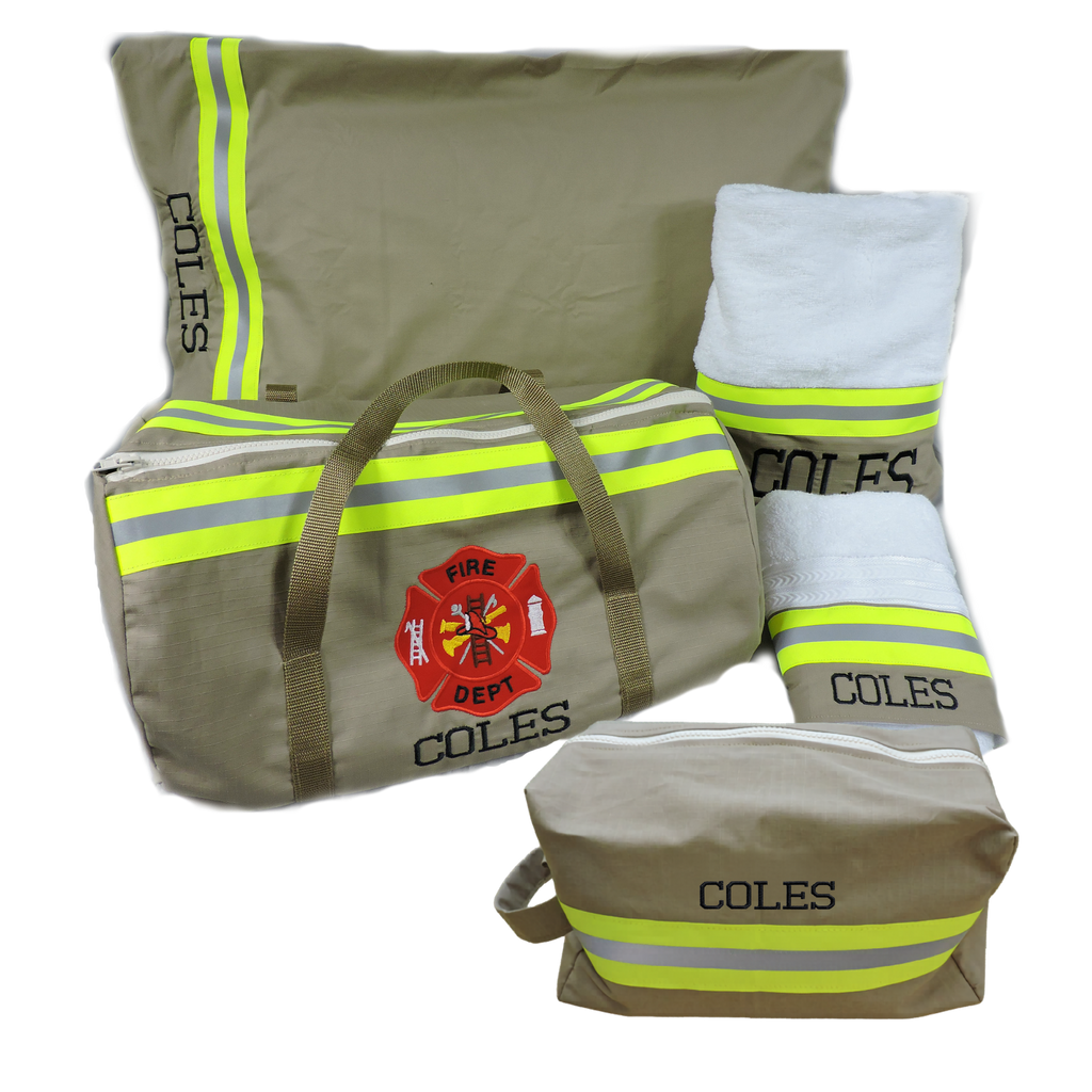 Set includes Duffle bag, pillowcase, bath and hand towels and a toiletry bag