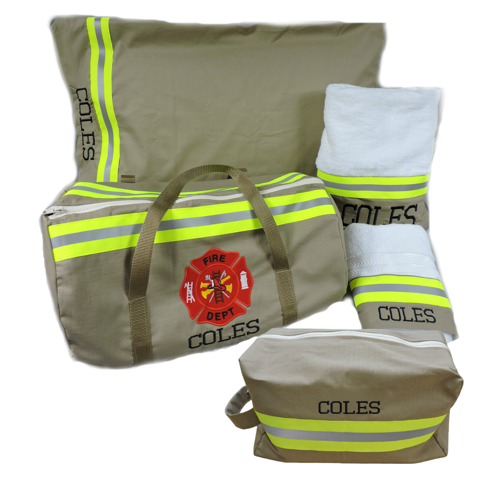 Set includes Duffle bag, pillowcase, bath and hand towels and a toiletry bag