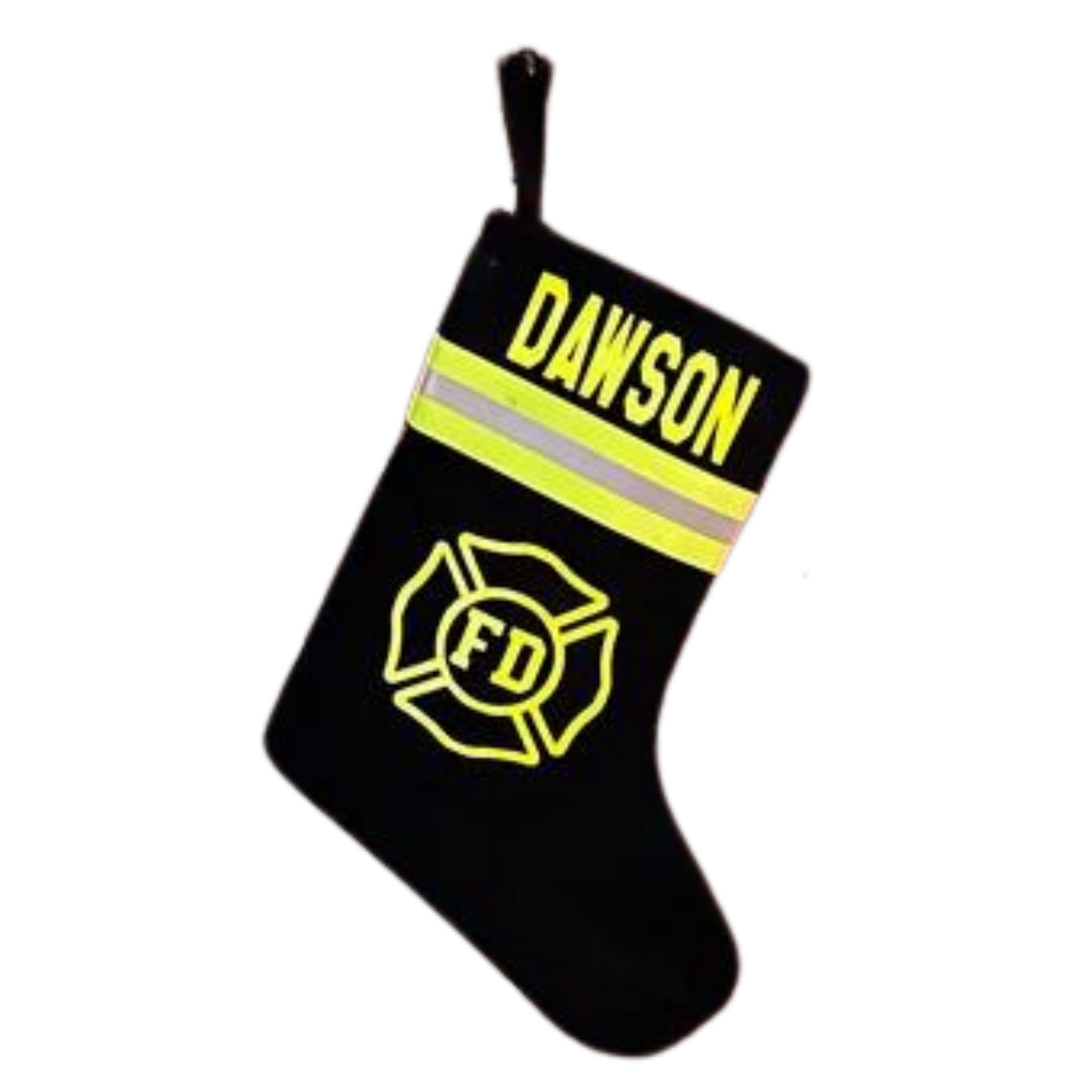 Firefighter Stocking with name and malteses cross in balck fabric  with neon yellow reflective tape
