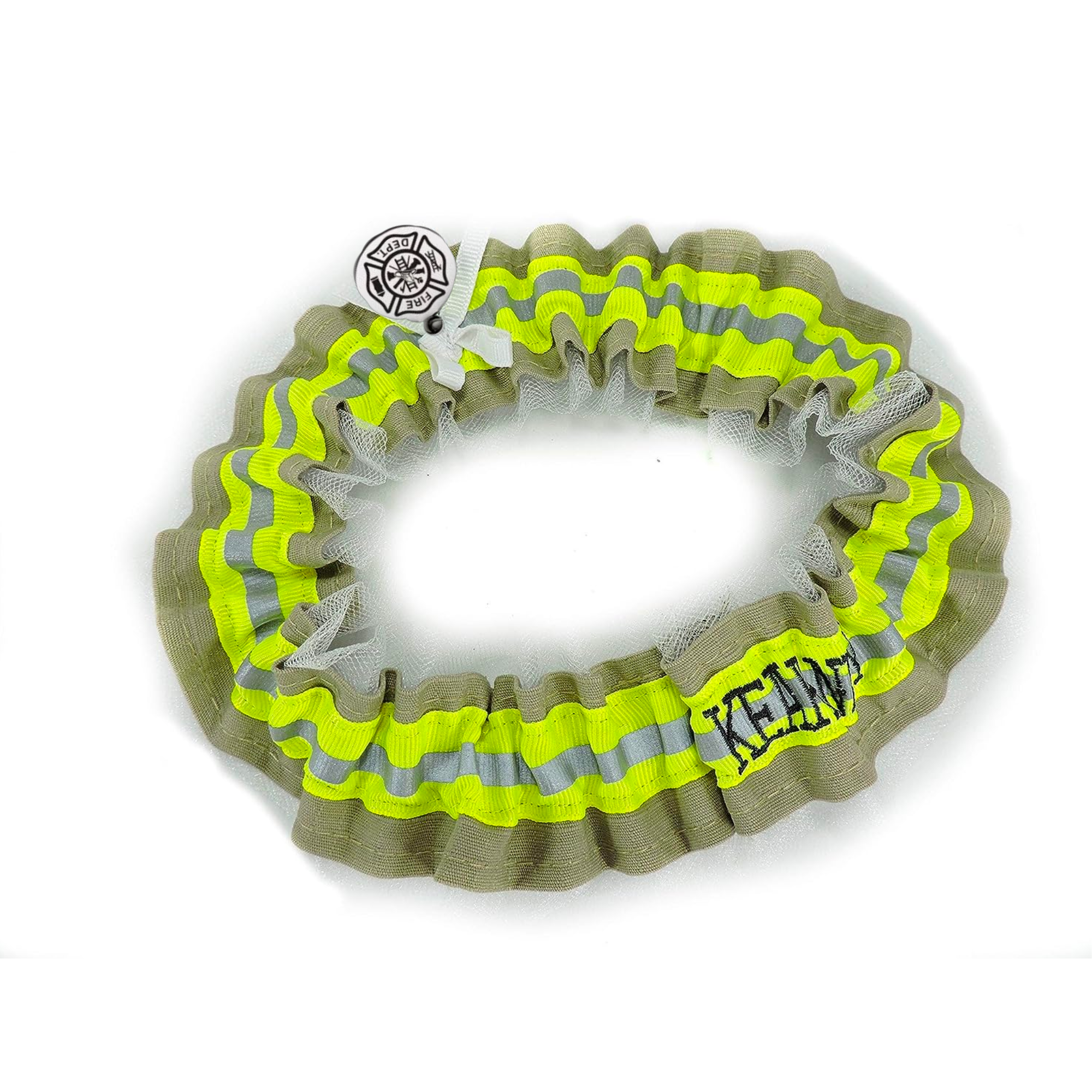firefighter garter with white tulle with a name on the back