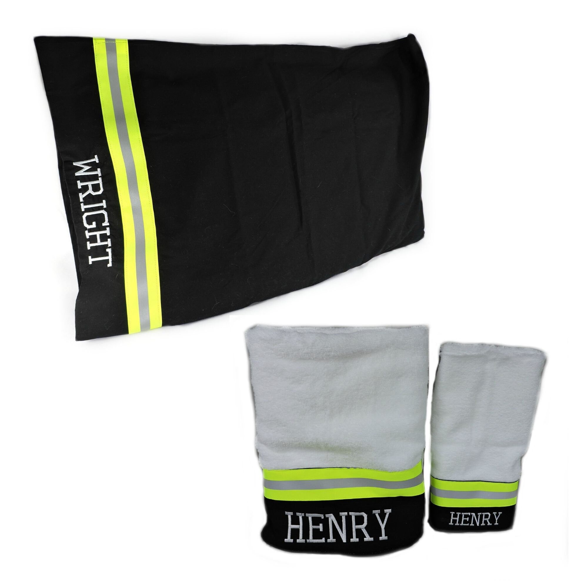Black fabric with neon yellow reflective tape firefighter gift set with pillowcase bath towel and hand towel