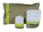 Tan fabric with neon yellow reflective tape firefighter gift set with pillowcase bath towel and hand towel