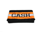 Black fabric with orange reflective tape  Firefighter Checkbook cover with a name embroidered on the front of the cover. 