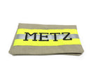 tan fabric with neon yellow reflective tape. Firefighter Checkbook cover with a name embroidered on the front. 