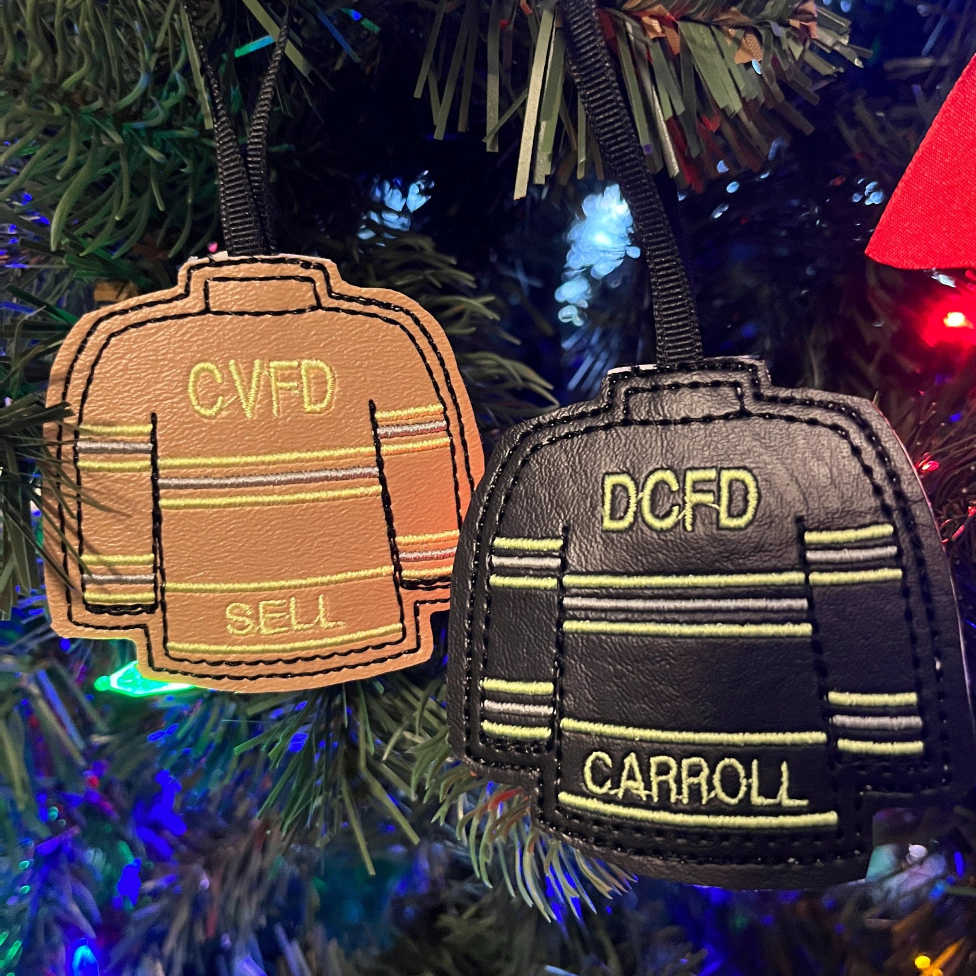 Firefighter Christmas ornaments on a Christmas tree 