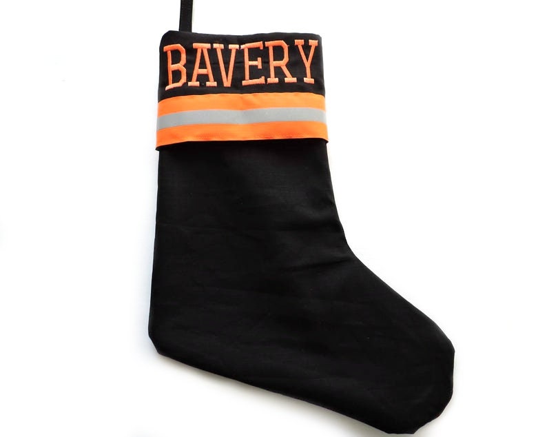 Black Fabric Neon Orange Reflective Tape Firefighter Christmas Stocking with name in thread