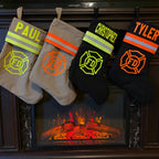 all the styles of Firefighter Christmas stocking with maltese cross stockings hanging from a fireplace 