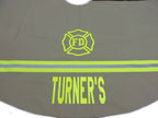 Tan Fabric Neon Yellow Reflective Tape Firefighter Christmas Tree Skirt with name and maltese cross