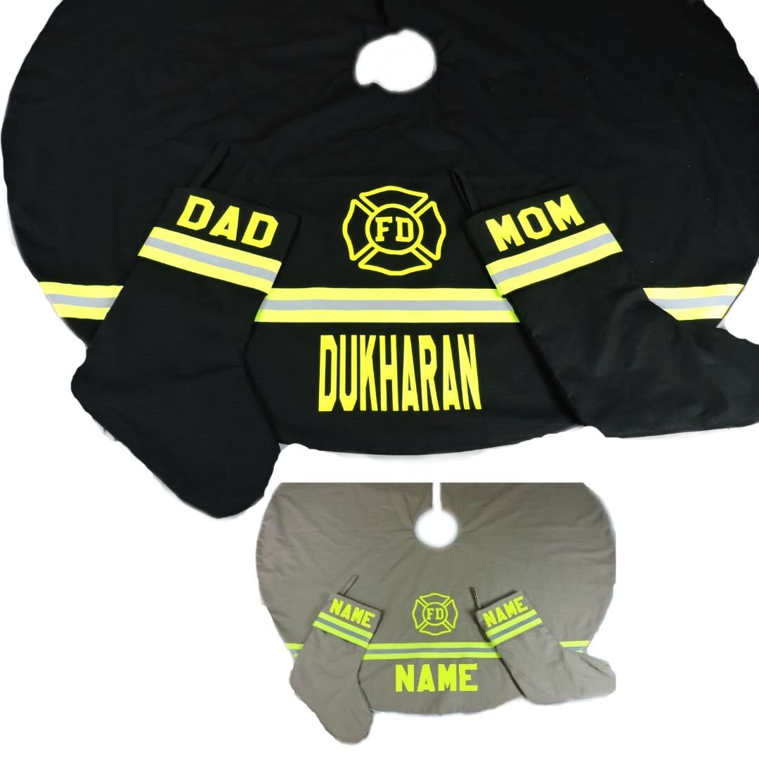 Firefighter Christmas Tree Skirt and Christmas stocking set