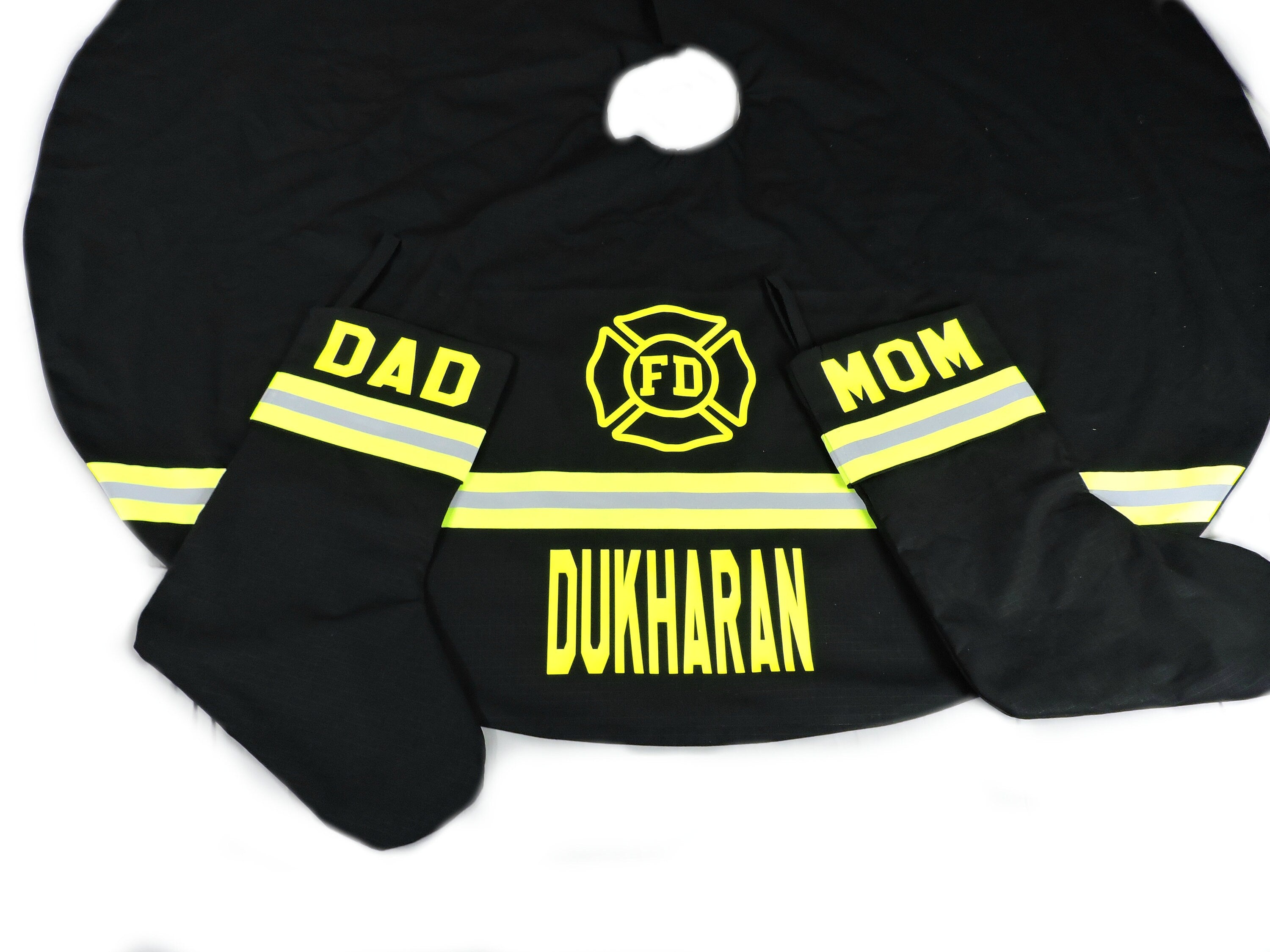 Black Fabric Neon Yellow Reflective Tape Firefighter Christmas Tree Skirt and Christmas stocking set with name