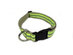 Tan fabric with neon yellow reflective tape with a plastic buckle Firefighter Dog Collar