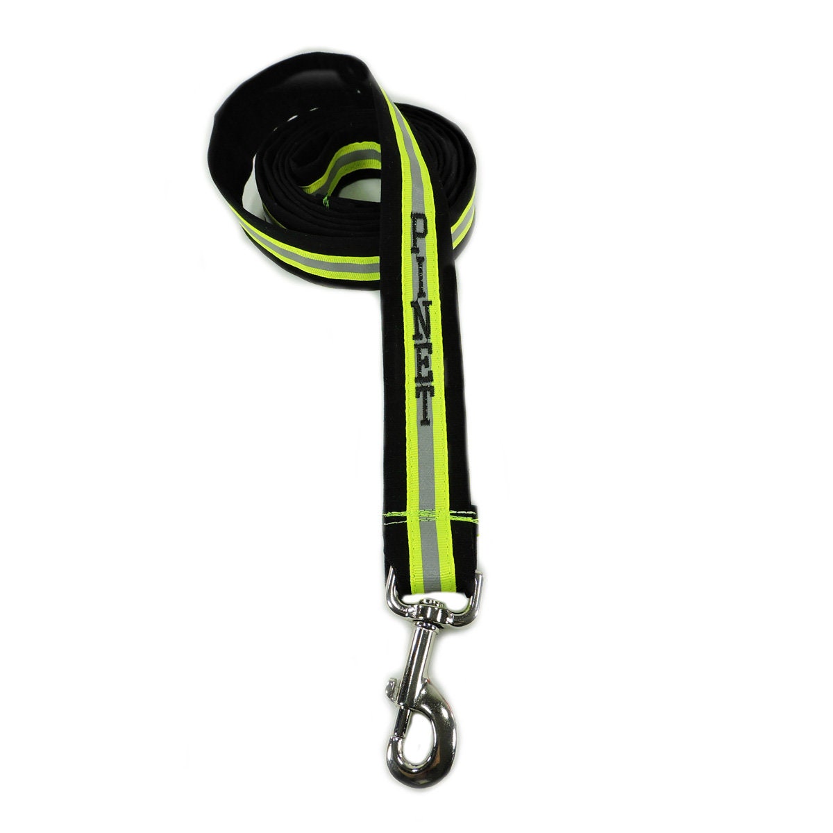 black fabric with neon yellow reflective tape Firefighter Dog Leash with name added