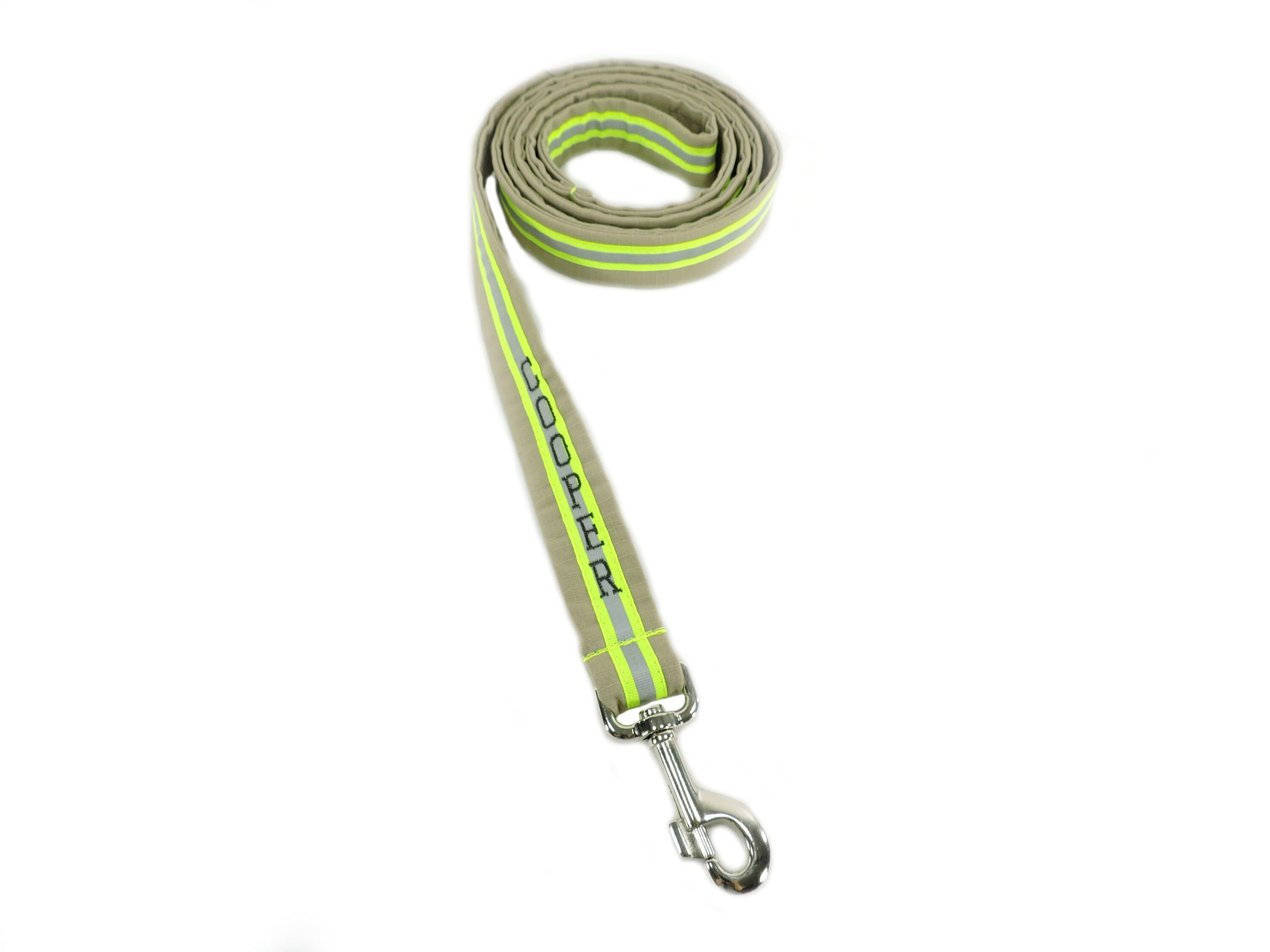 Firefighter Dog Leash tan fabric with neon yellow reflective tape with name added