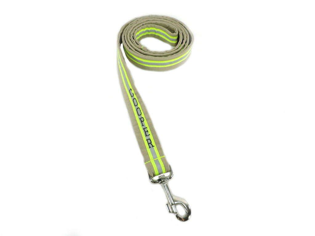 Firefighter Dog Leash tan fabric with neon yellow reflective tape with name added