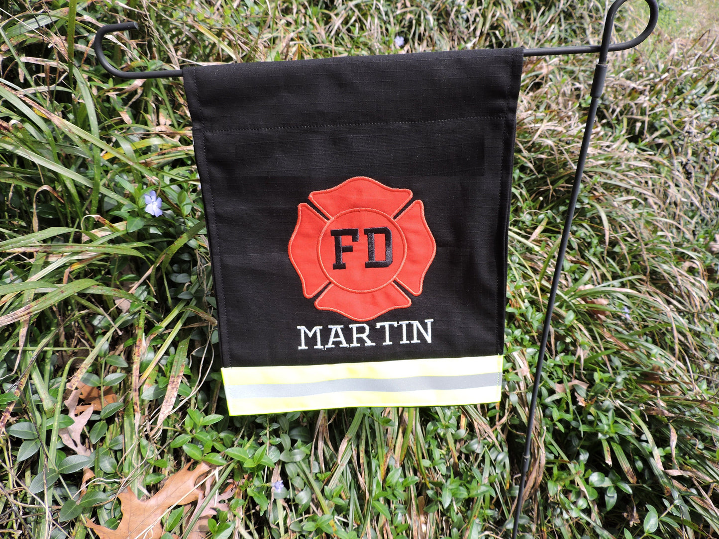Black Fabric Neon Yellow Reflective Tape Firefighter FD Garden Flag with One Name