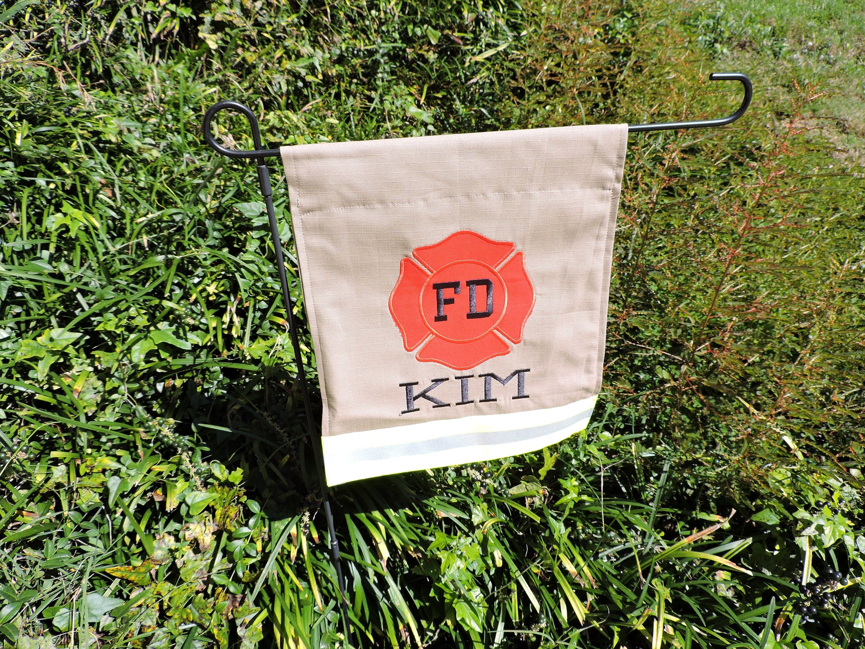 Tan Fabric Neon Yellow Reflective Tape Firefighter FD Garden Flag with One Name