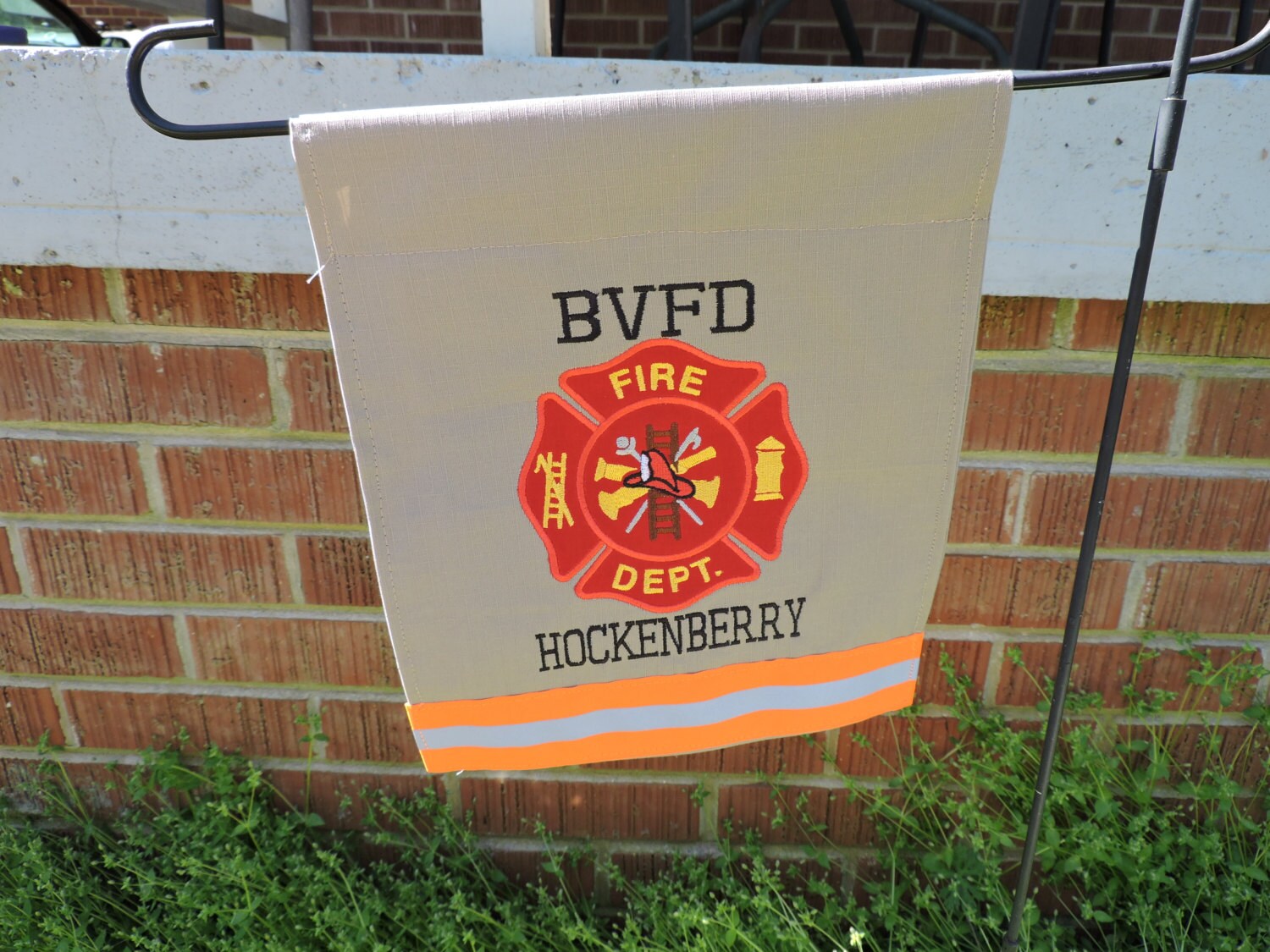 Tan Fabric Neon Orange Reflective Tape Firefighter Maltese Cross Garden Flag with Two Names