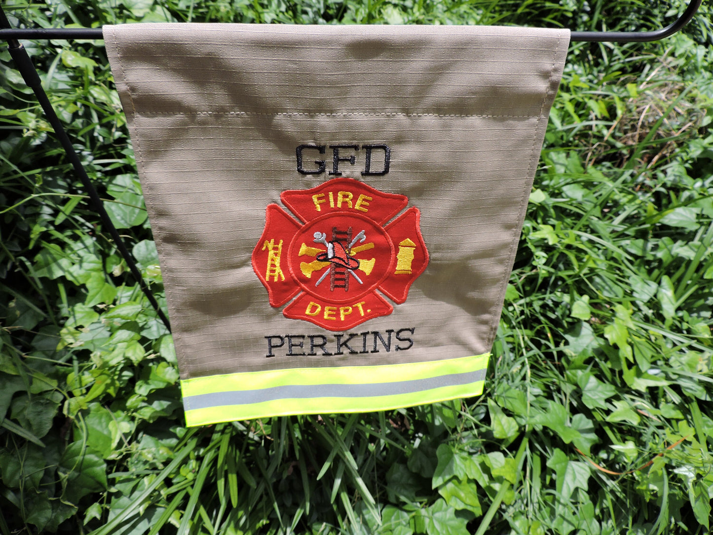 Tan Fabric Neon Yellow Reflective Tape Firefighter Maltese Cross Garden Flag with Two Names